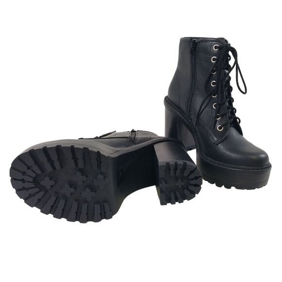 Black Platform Lace-Up Ankle Boots, 5" Chunky Heel, Side Zipper, Size 8 Women’s - Picture 5 of 9